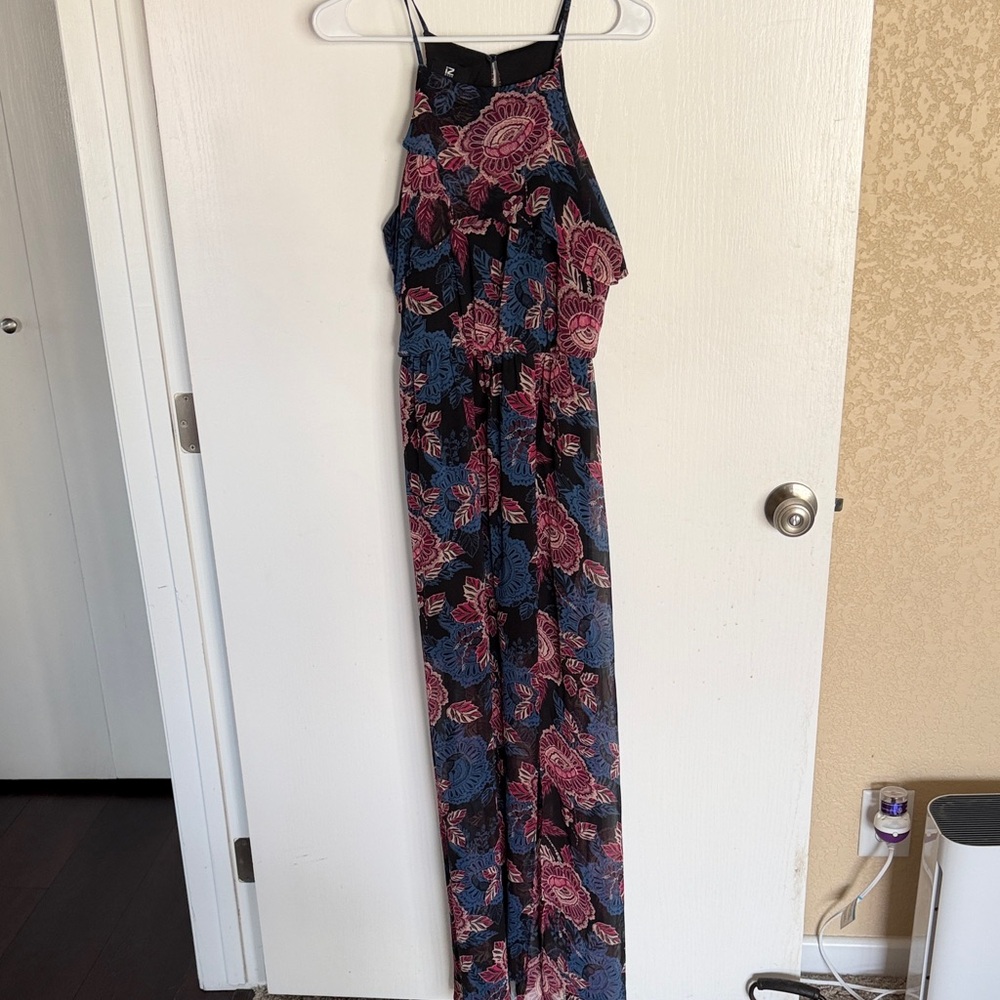 Iz Byer Navy Floral Halter Jumpsuit with Pink and Blue Accents